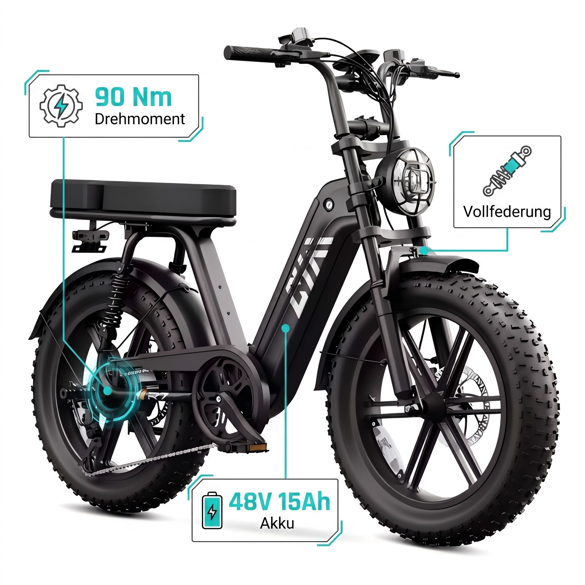 Schwarzes E-Bike mit dicken Reifen, Federung und Akkuanzeige.