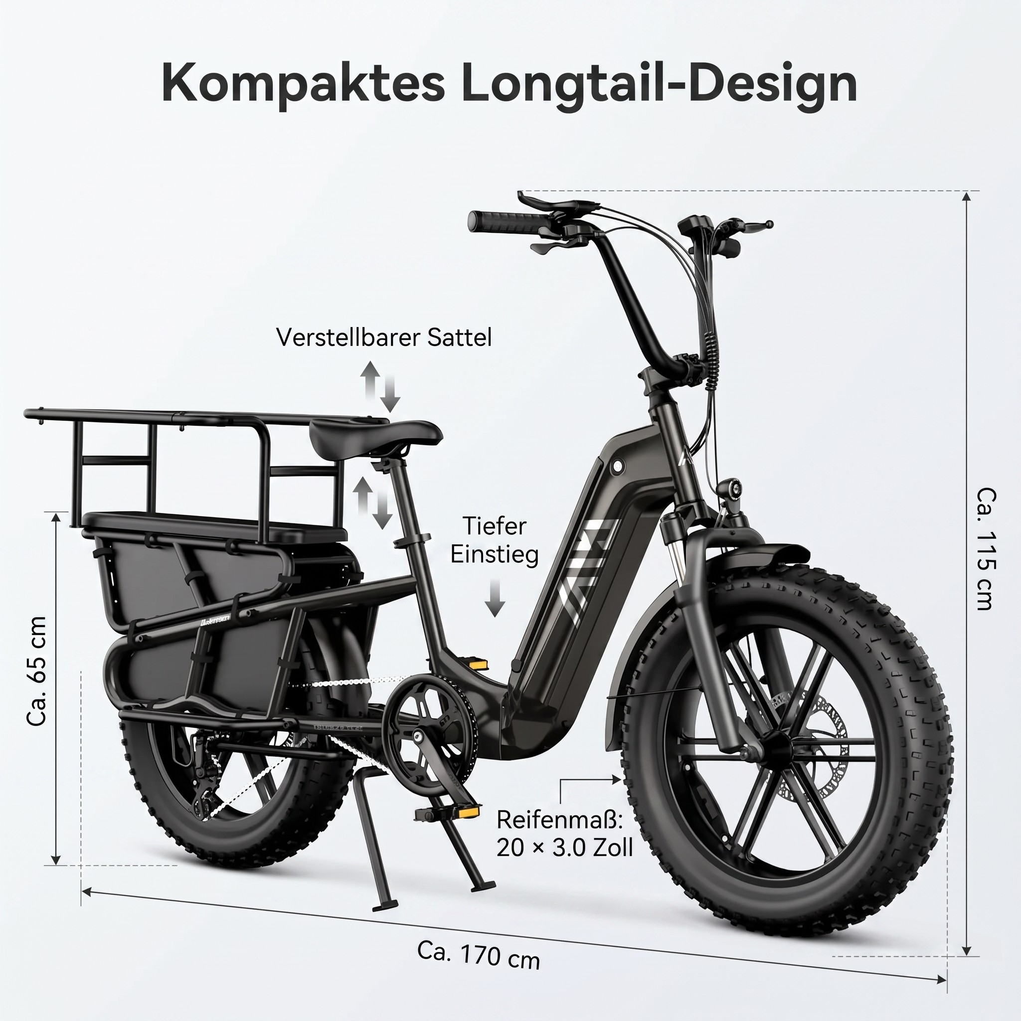 Schwarzes E-Bike mit langem Heck, verstellbarem Sattel und Gepäckträger. Maße angegeben.