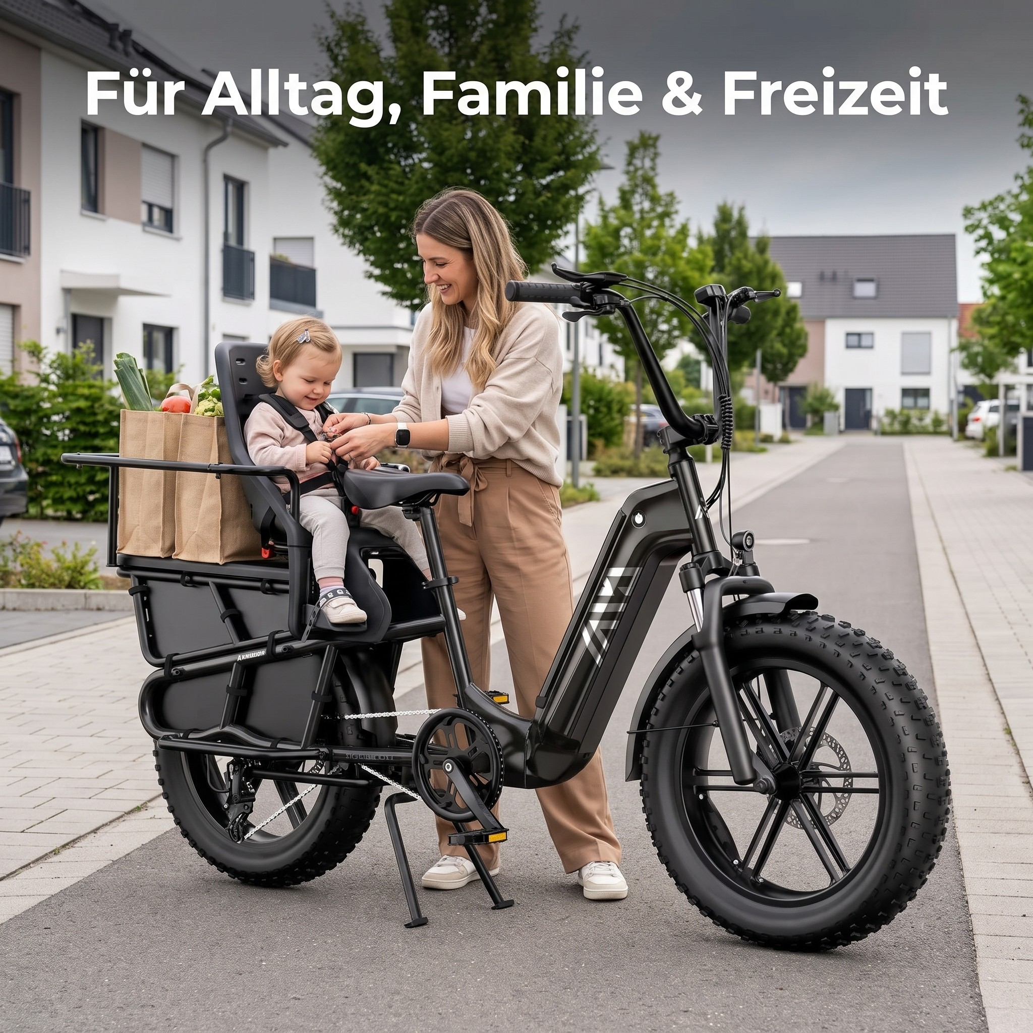 Eine Frau befestigt ein Kind in einem Fahrradkindersitz auf einem E-Lastenrad.