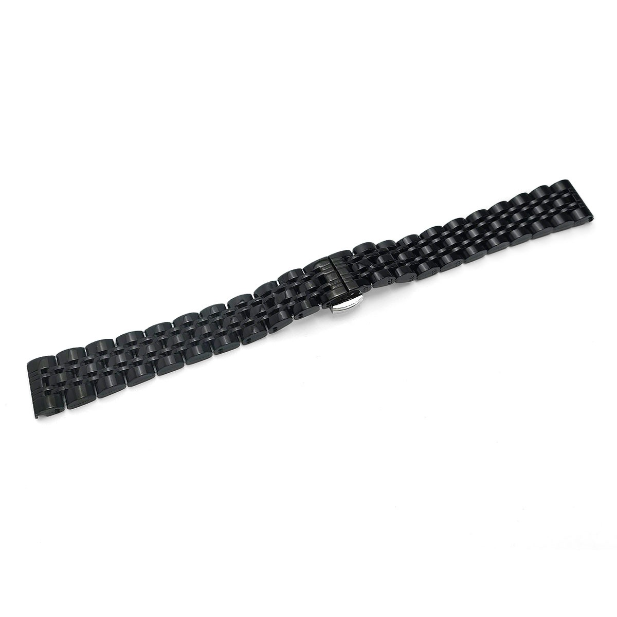 Ein schwarzes, glänzendes Gliederarmband mit einem silbernen Verschluss.