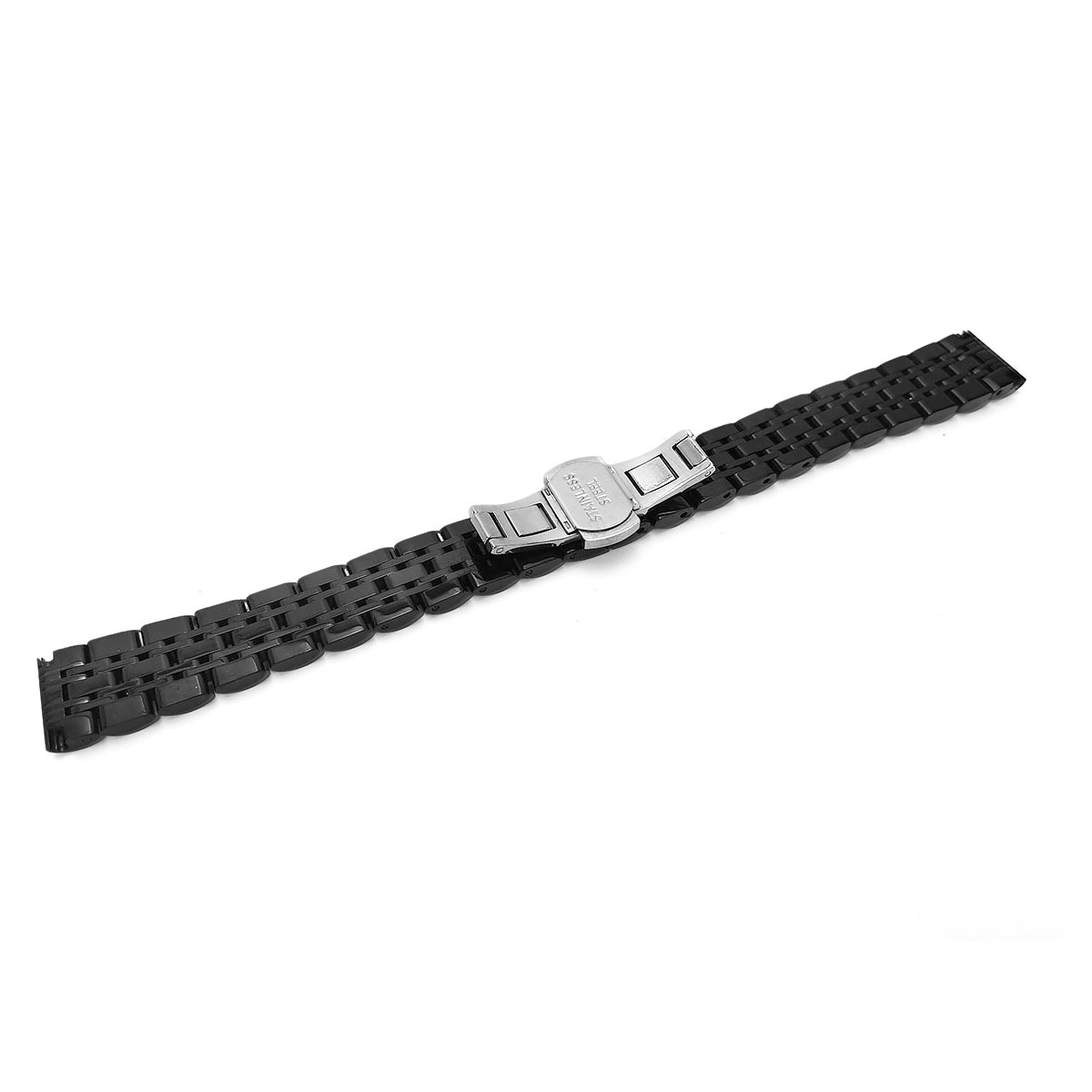 Ein schwarzes Edelstahl-Uhrenarmband mit silberner Schnalle liegt auf weißem Hintergrund.
