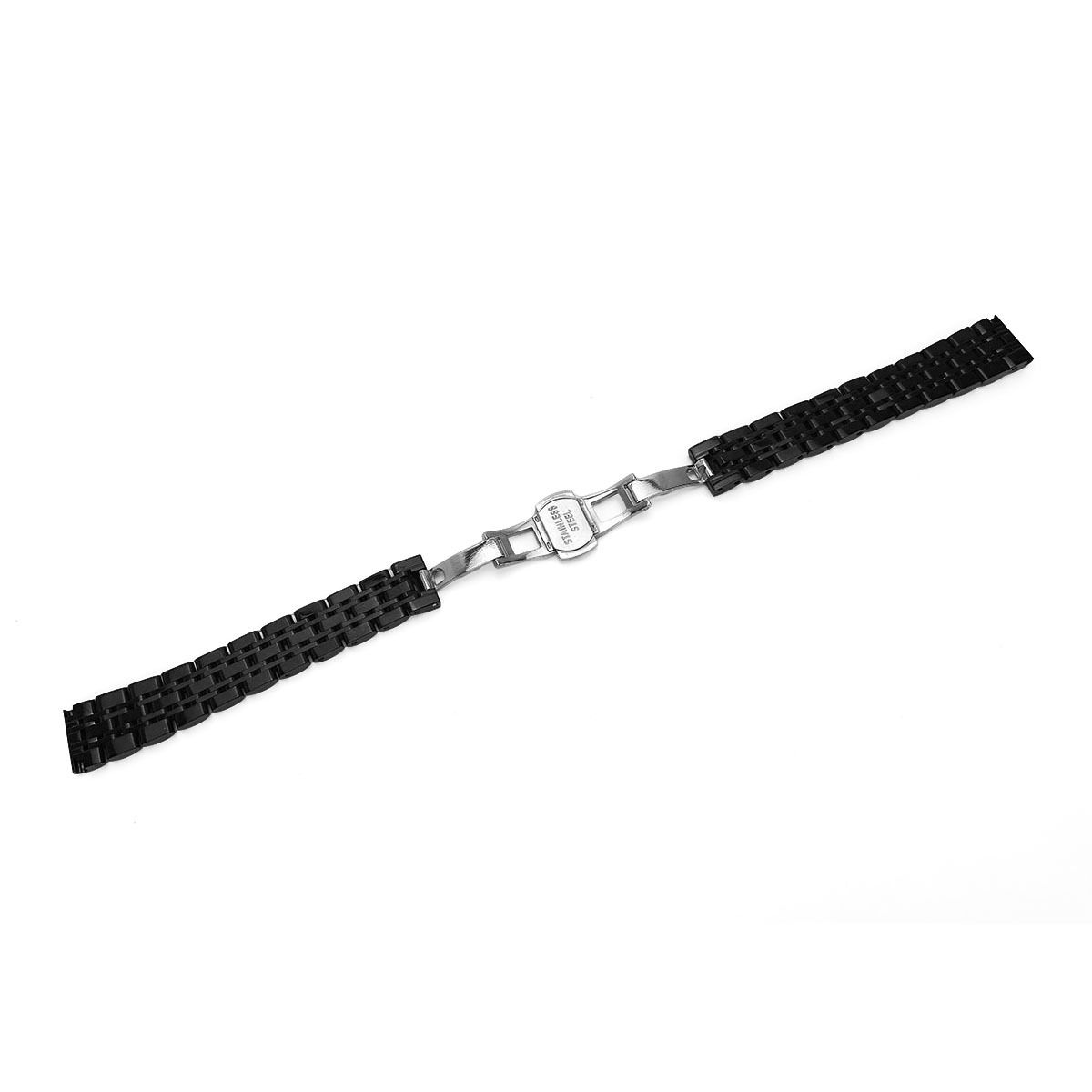 Ein schwarzes Armband aus Gliedern mit silberner Schnalle und Edelstahlprägung.
