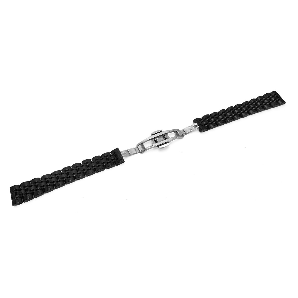 Ein schwarzes Gliederarmband mit silberner Schnalle auf weißem Hintergrund.