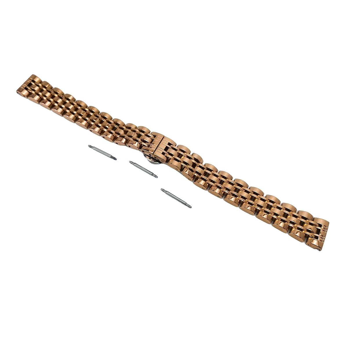 Ein roségoldenes Armband mit drei Stiften auf weißem Hintergrund.