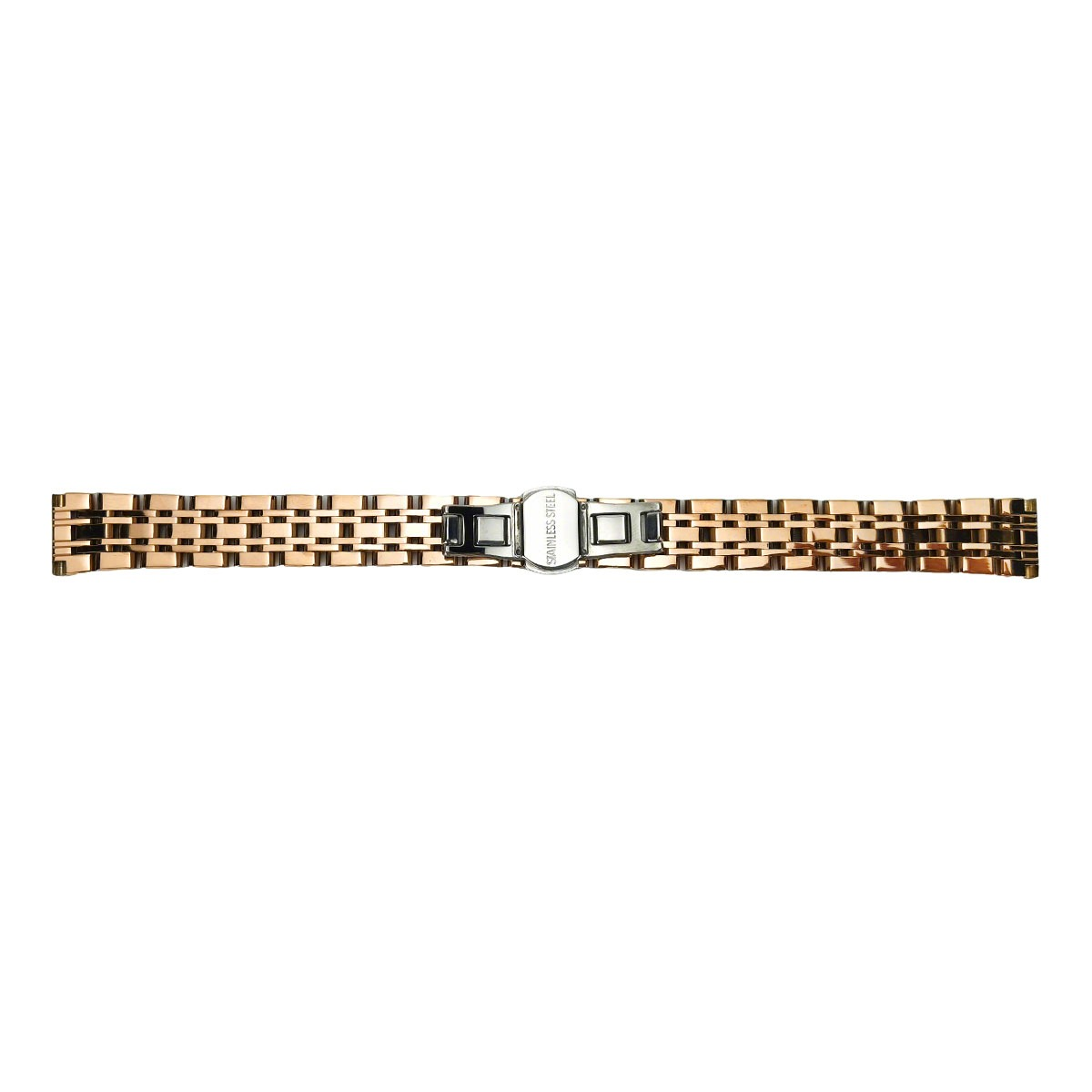 Ein roségoldenes Gliederarmband mit silberner Schnalle und eingraviertem Text.