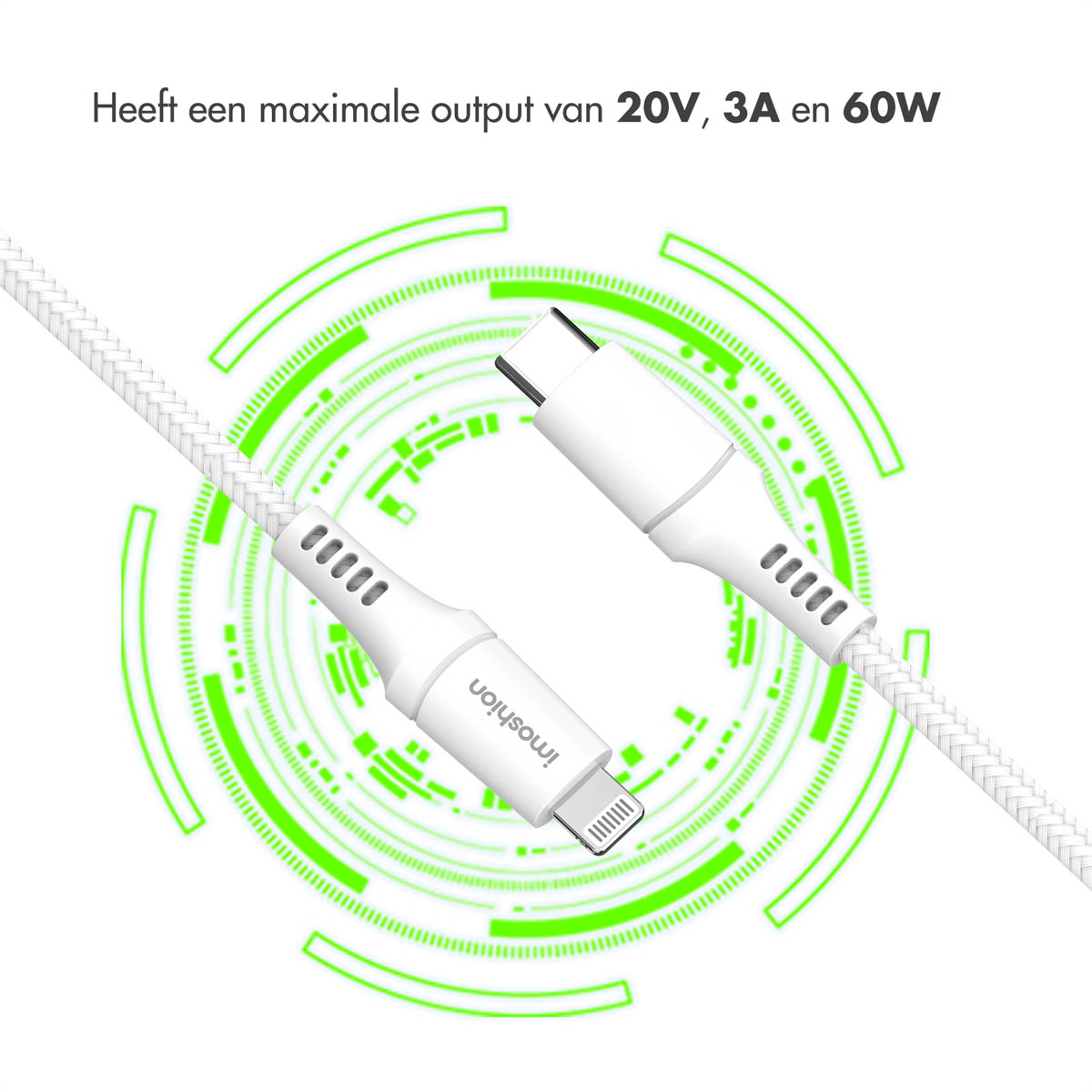 Een witte USB-C en Lightning kabel met groene cirkelgrafiek achtergrond.