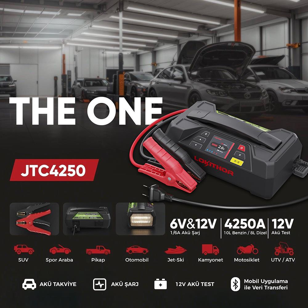Kelepçeli, arabalı ve atölye arka planlı LOKITHOR JTC4250 akü takviye cihazı.
