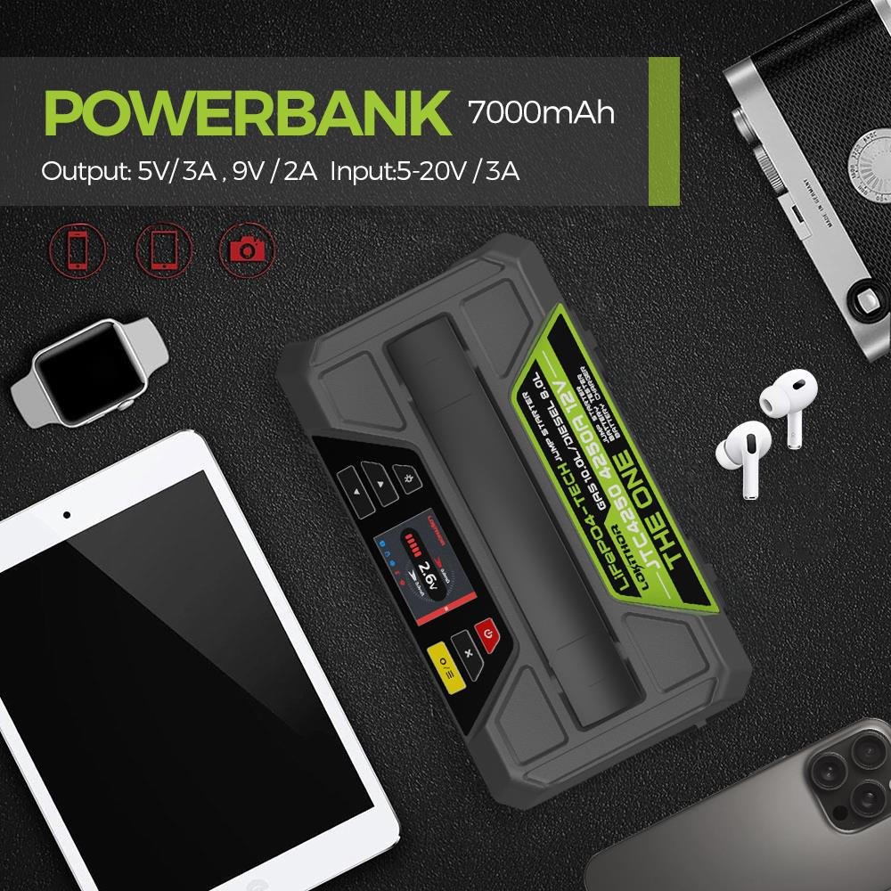 Tablet, akıllı telefon ve kulaklıkların bulunduğu 7000 mAh'lik powerbank takviyeli marş.
