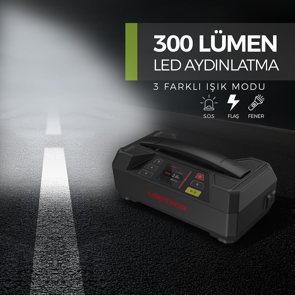 300 lümen LED aydınlatmalı, üç modlu siyah akü takviye/şarj cihazı.