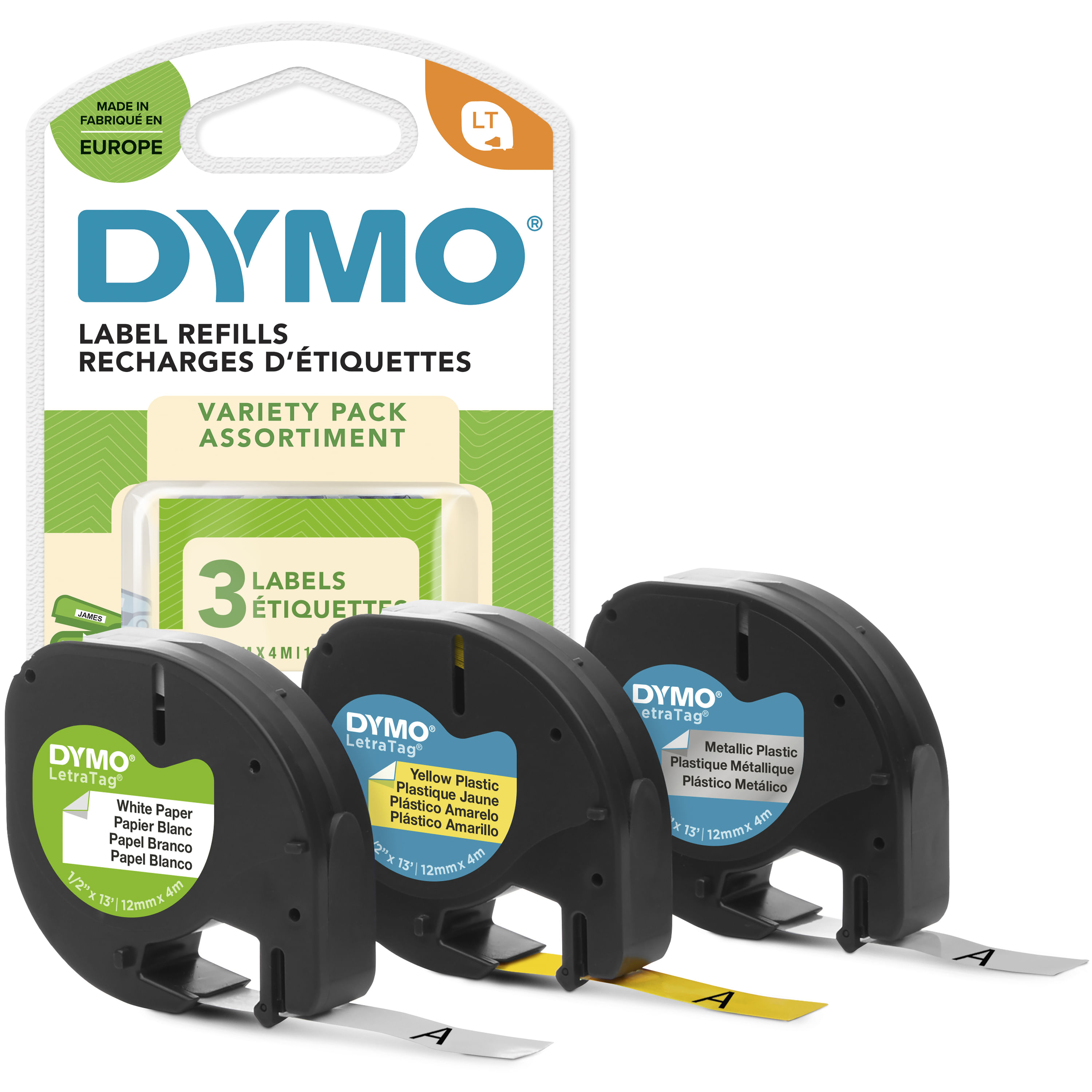 Drei DYMO Labelwriter-Rollen: weiß, gelb und metallisch, auf weißem Hintergrund.