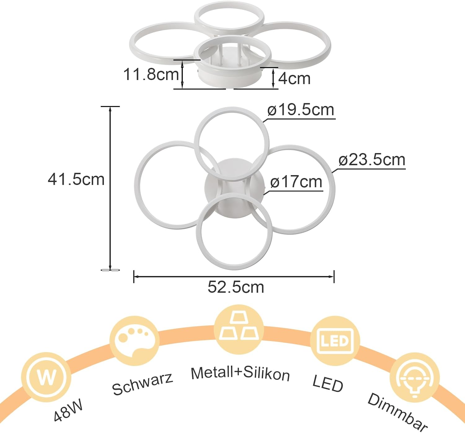 Lámpara de techo moderna con cuatro anillos, dimensiones e info LED.