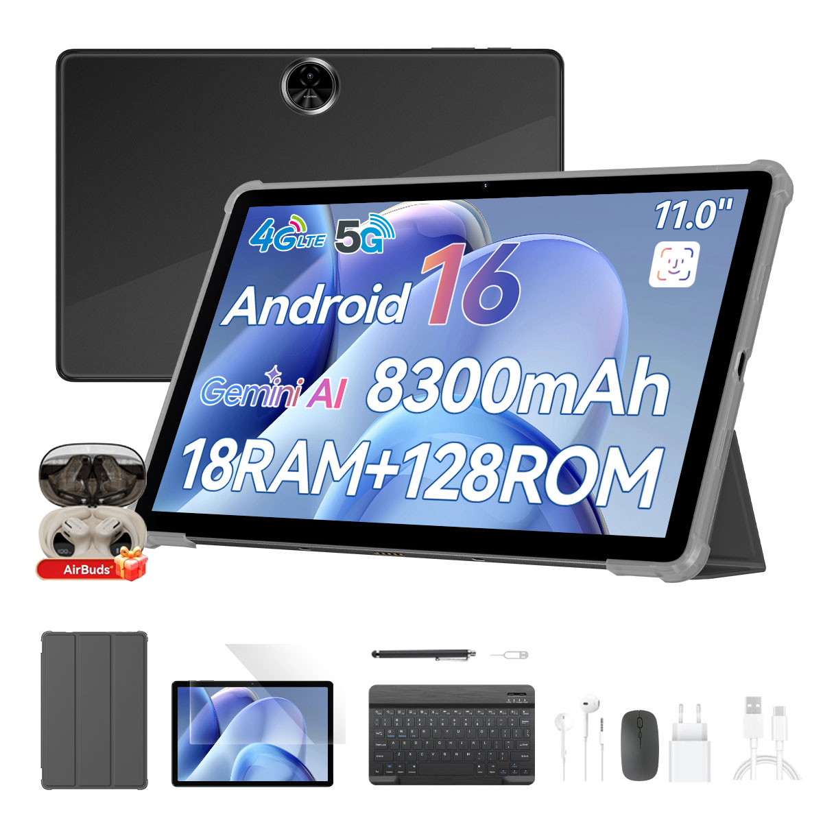 Tableta con accesorios: tableta, funda, teclado, lápiz, ratón, auriculares, cargador, cables.