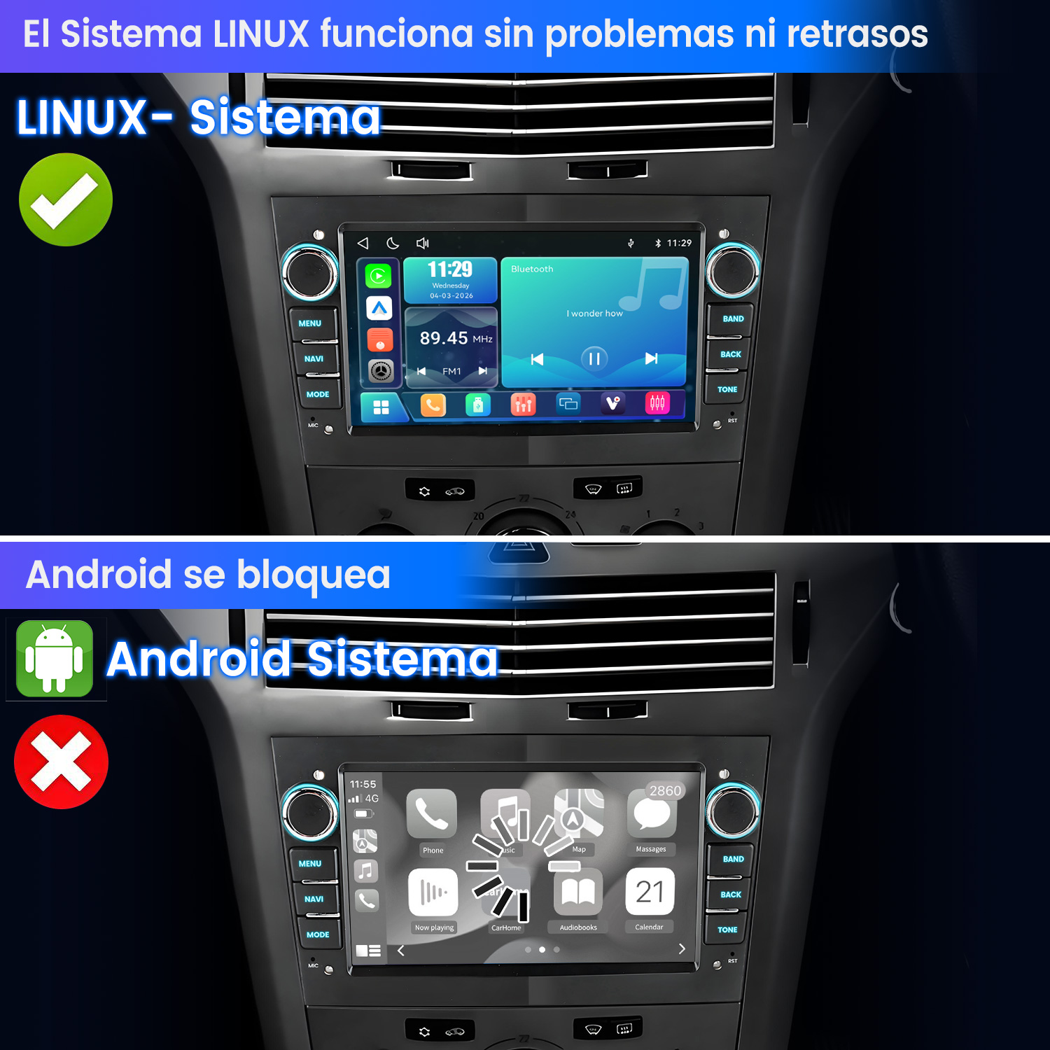 Dwa ekrany samochodowego systemu infotainment: Linux na górze, Android na dole. Ikony zielona i czerwona.