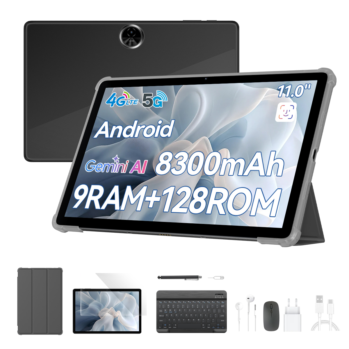 Una tablet negra con accesorios: funda, lápiz, teclado, ratón, auriculares, cargador.