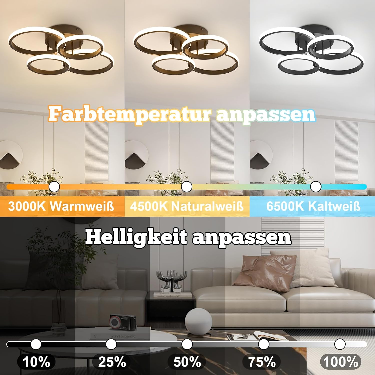 Lámpara de techo con temperatura de color y brillo ajustables en una sala de estar.