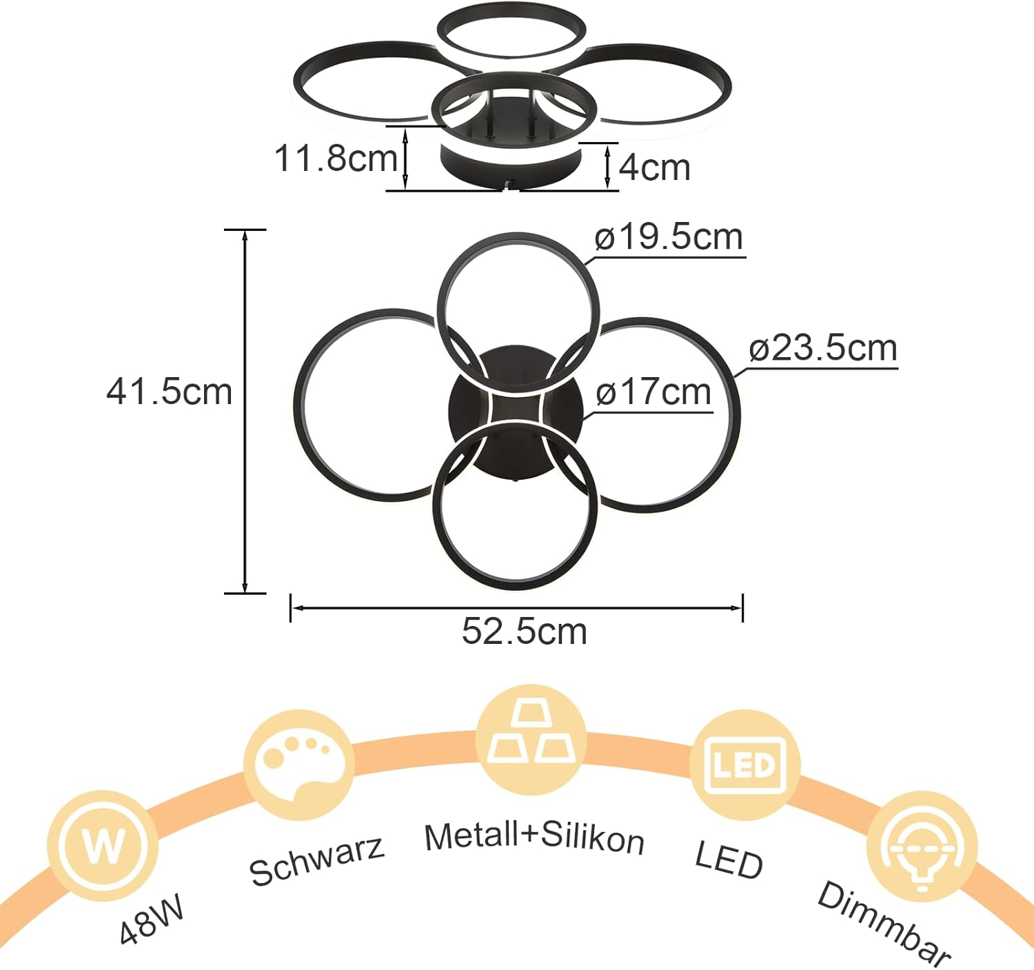 Luz de techo con cuatro anillos, dimensiones: 41,5x52,5x11,8cm, 48W, LED, regulable.