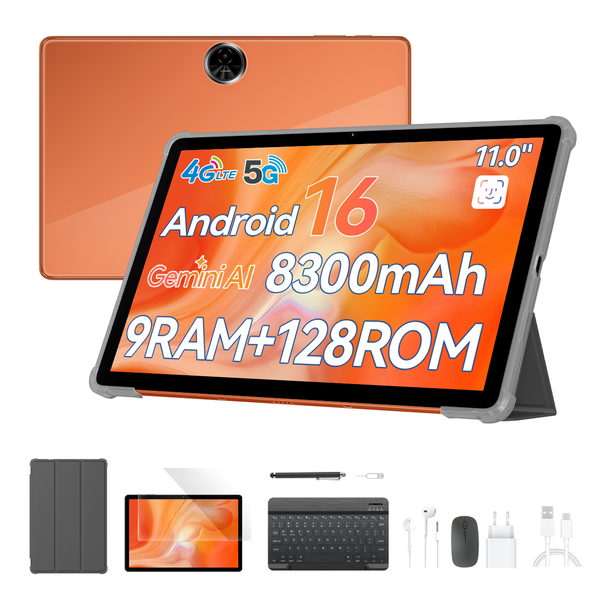 Una tableta naranja con Android 16, 11 pulgadas, batería de 8300mAh y accesorios.