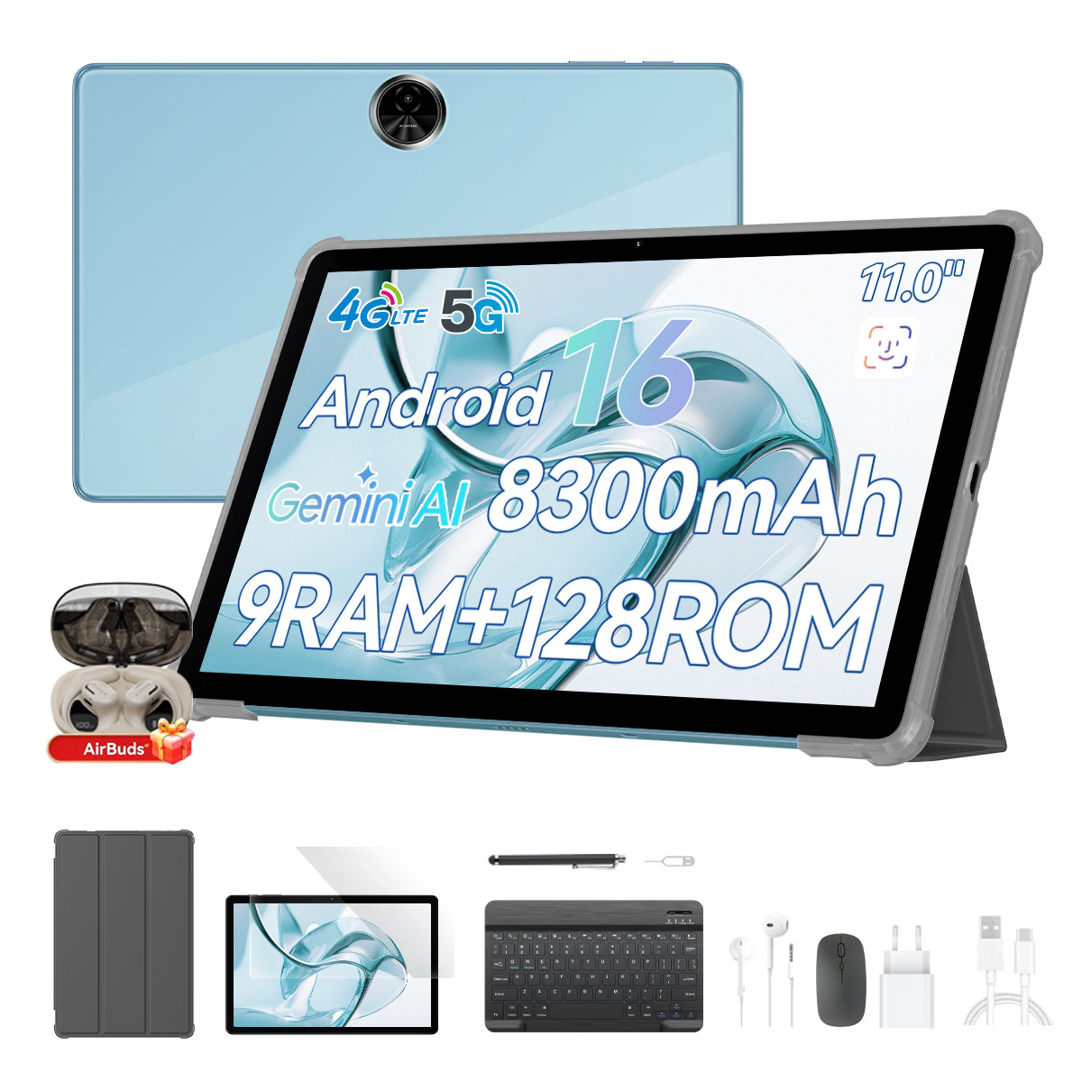 Una tableta azul claro con accesorios: funda, teclado, lápiz, ratón, auriculares, cargador.
