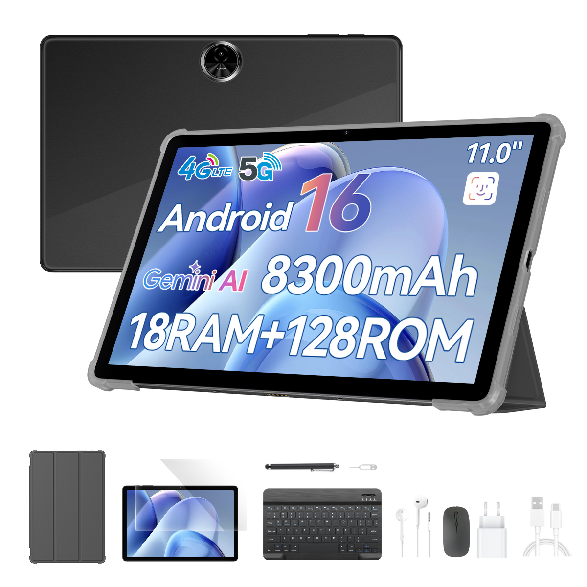 Una tableta negra con Android 16, con accesorios como teclado, lápiz, ratón, auriculares.