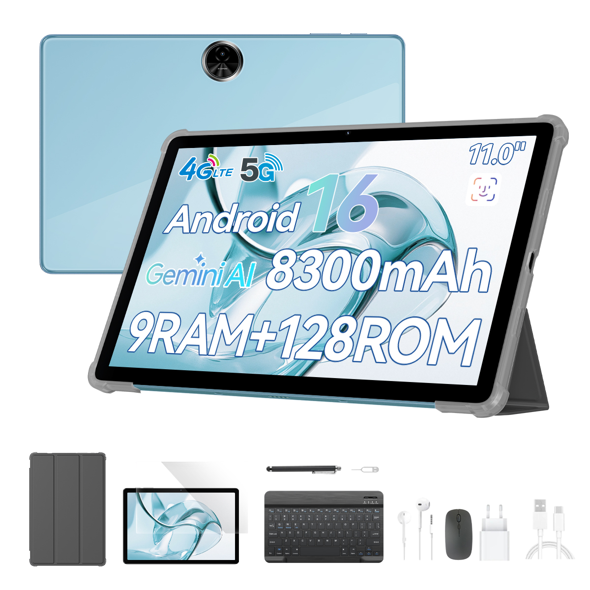 Tableta azul claro con 4G LTE, 5G, Android 16, pantalla de 11,0, batería de 8300mAh.