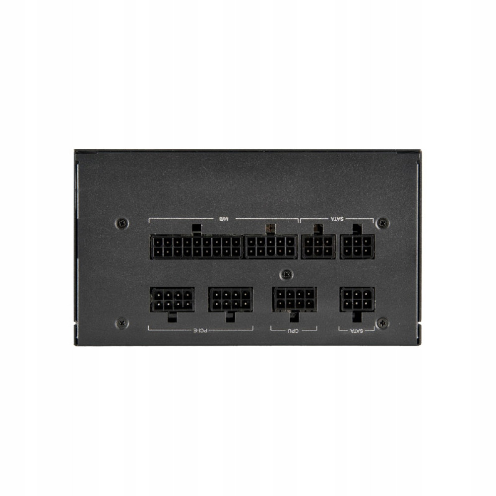 Schwarzes Netzteil mit verschiedenen Anschlüssen, beschriftet mit M/B, SATA, PCIe und CPU.