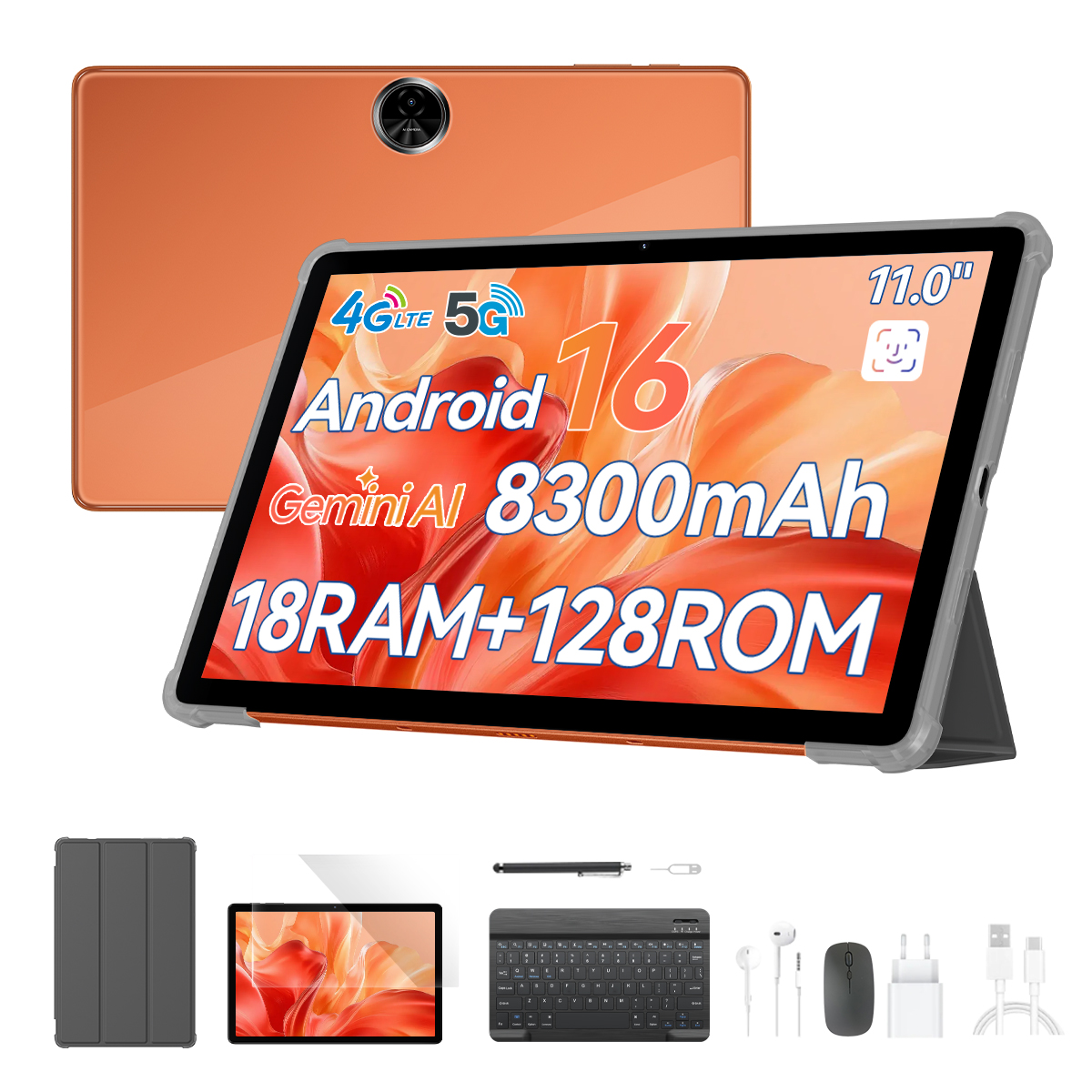 Tableta naranja con pantalla de 11 pulgadas, Android 16, 8300mAh, 18GB RAM/128GB ROM.