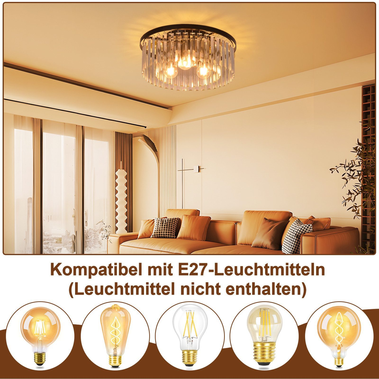 Ein Wohnzimmer mit einem Kronleuchter und fünf Glühbirnen.