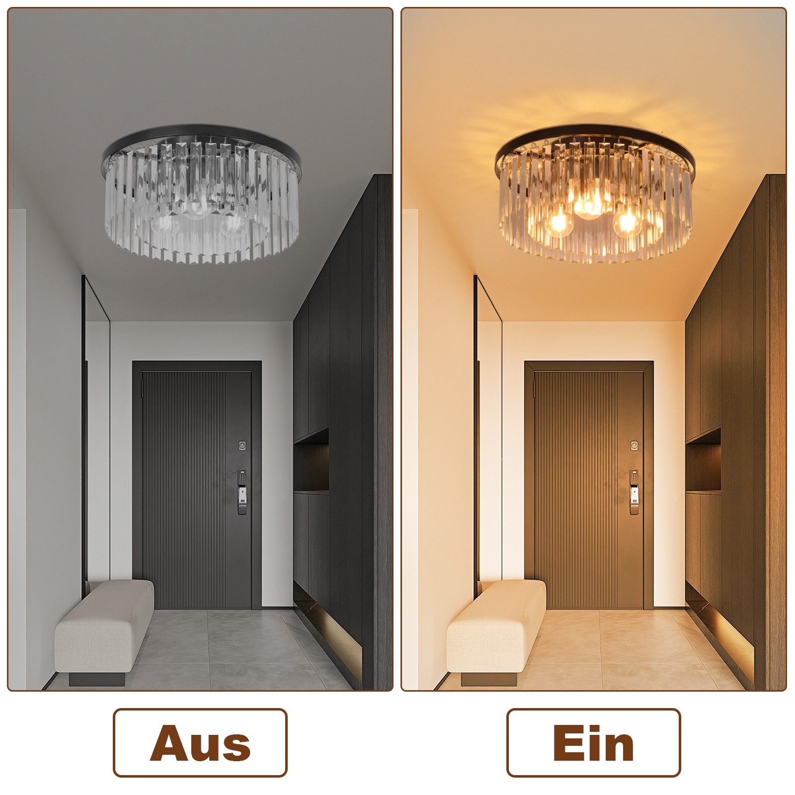 Ein Flur mit einer Deckenleuchte, einer Bank und einer Tür. Links ist sie aus, rechts ist sie an.