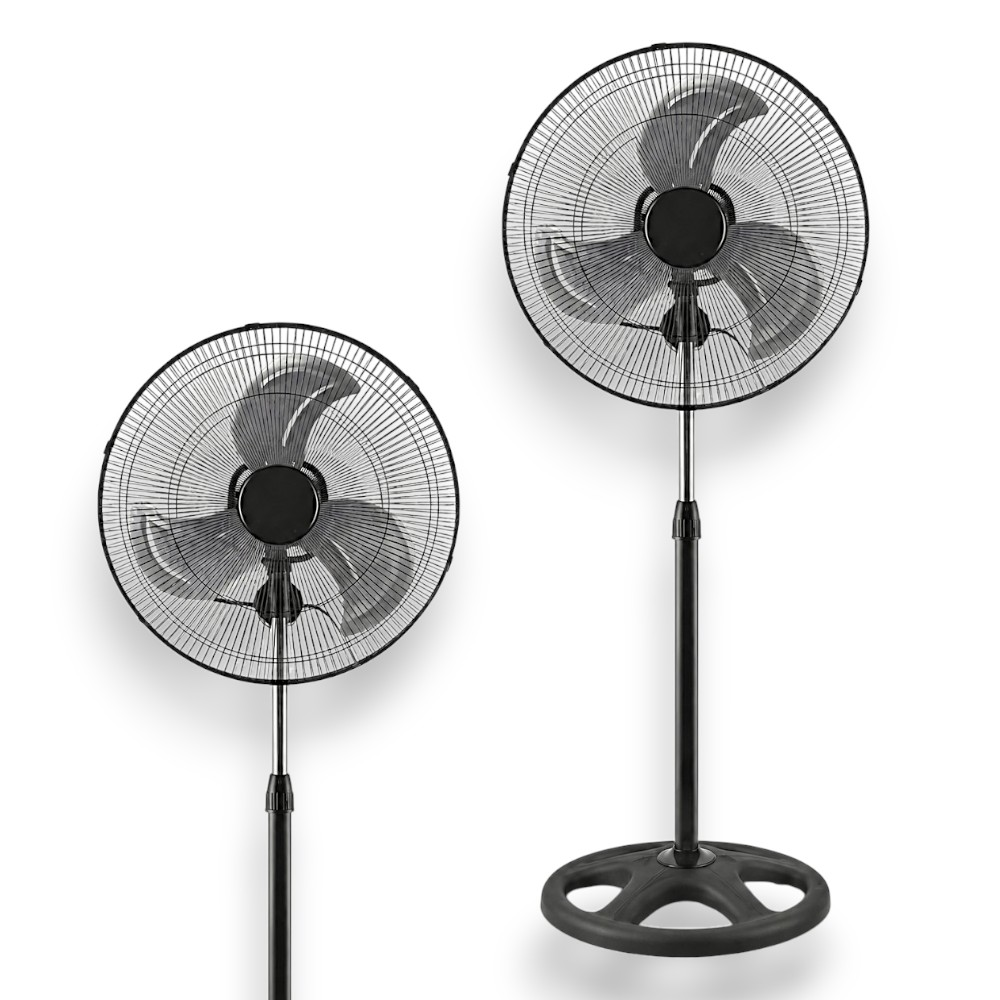 Dos ventiladores de pedestal negros con rejillas redondas y tres aspas.