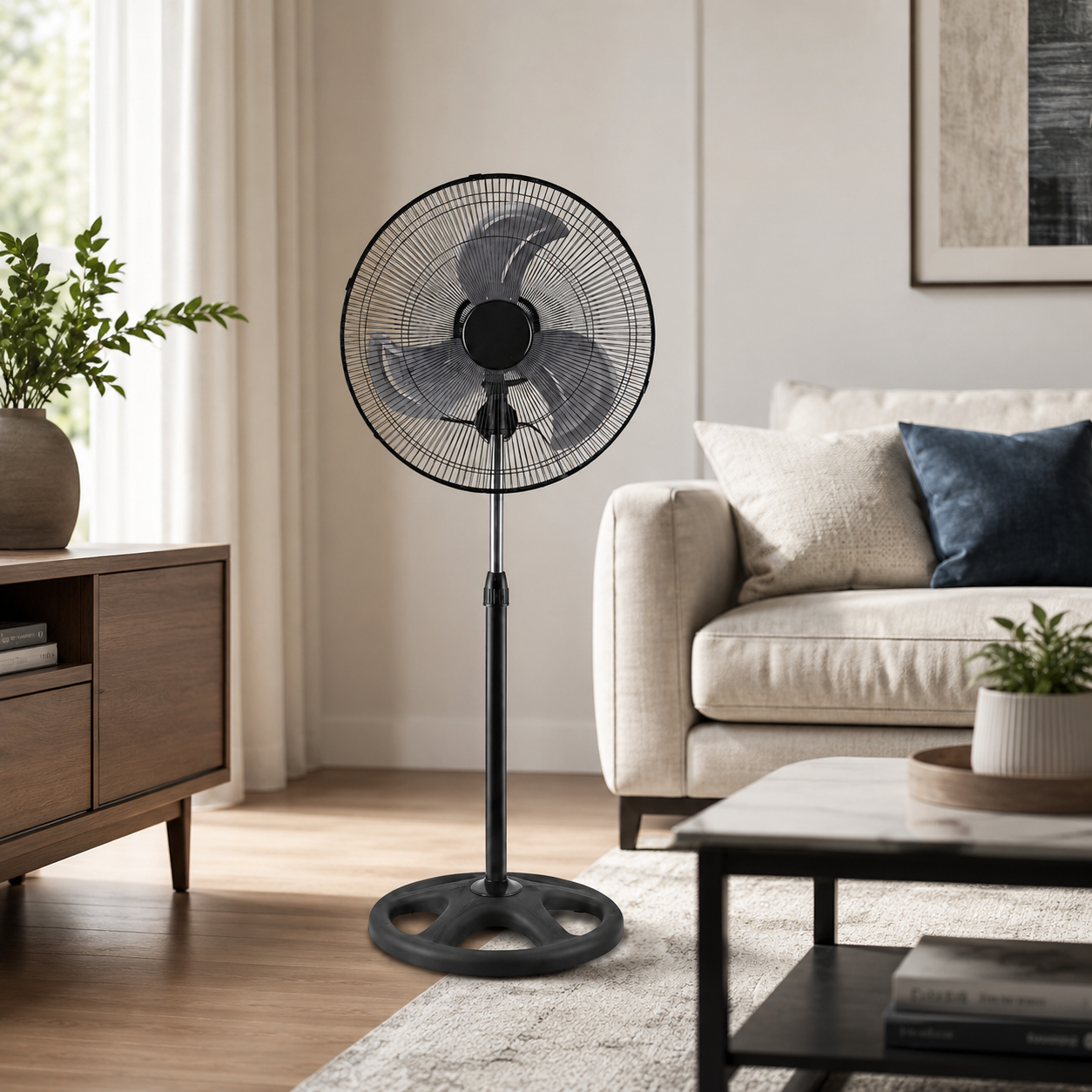 Un ventilador de pie negro está en una sala de estar junto a un sofá y mesa de centro.