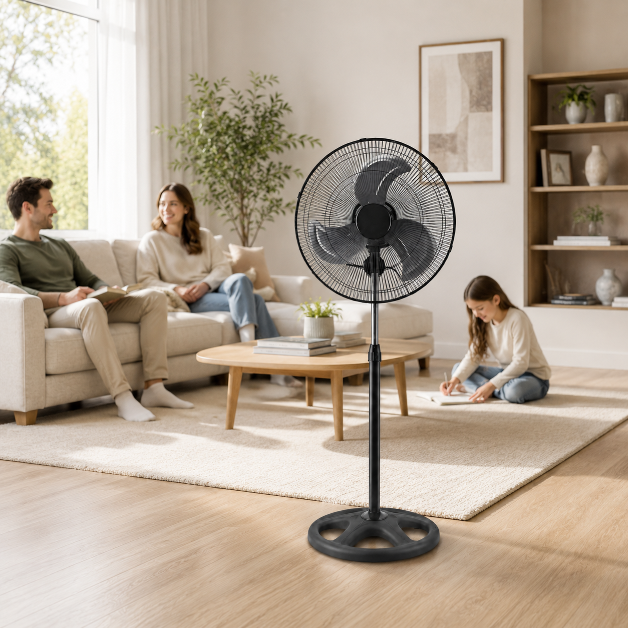 Un ventilador de pedestal negro se encuentra en una sala de estar con una familia relajándose.