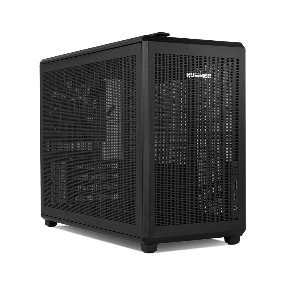 Una caja de ordenador negra con rejillas de ventilación y logo "HUMMER".