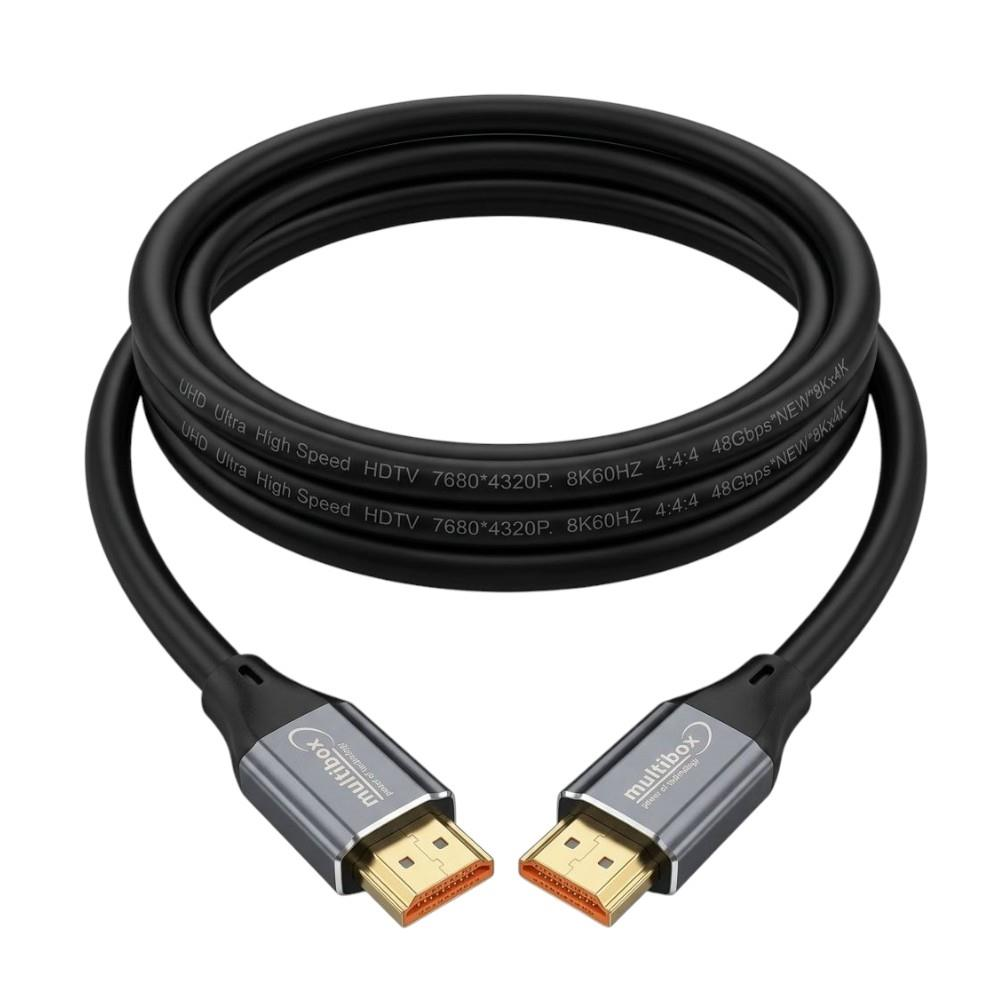 Altın konektörlü siyah HDMI kablosu, 'multibox' etiketli, 8K destekli.