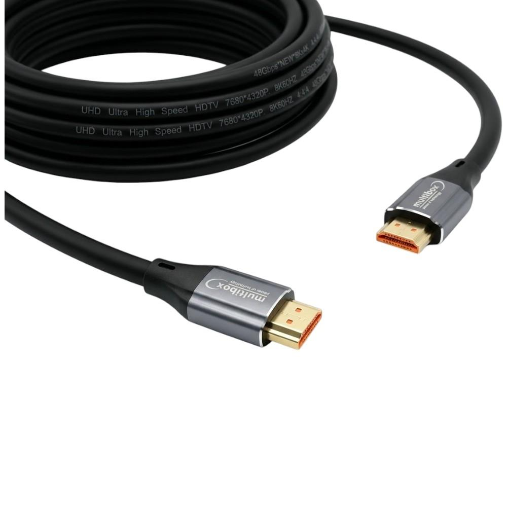 'Multibox' etiketli, iki konektörlü siyah HDMI kablosu.