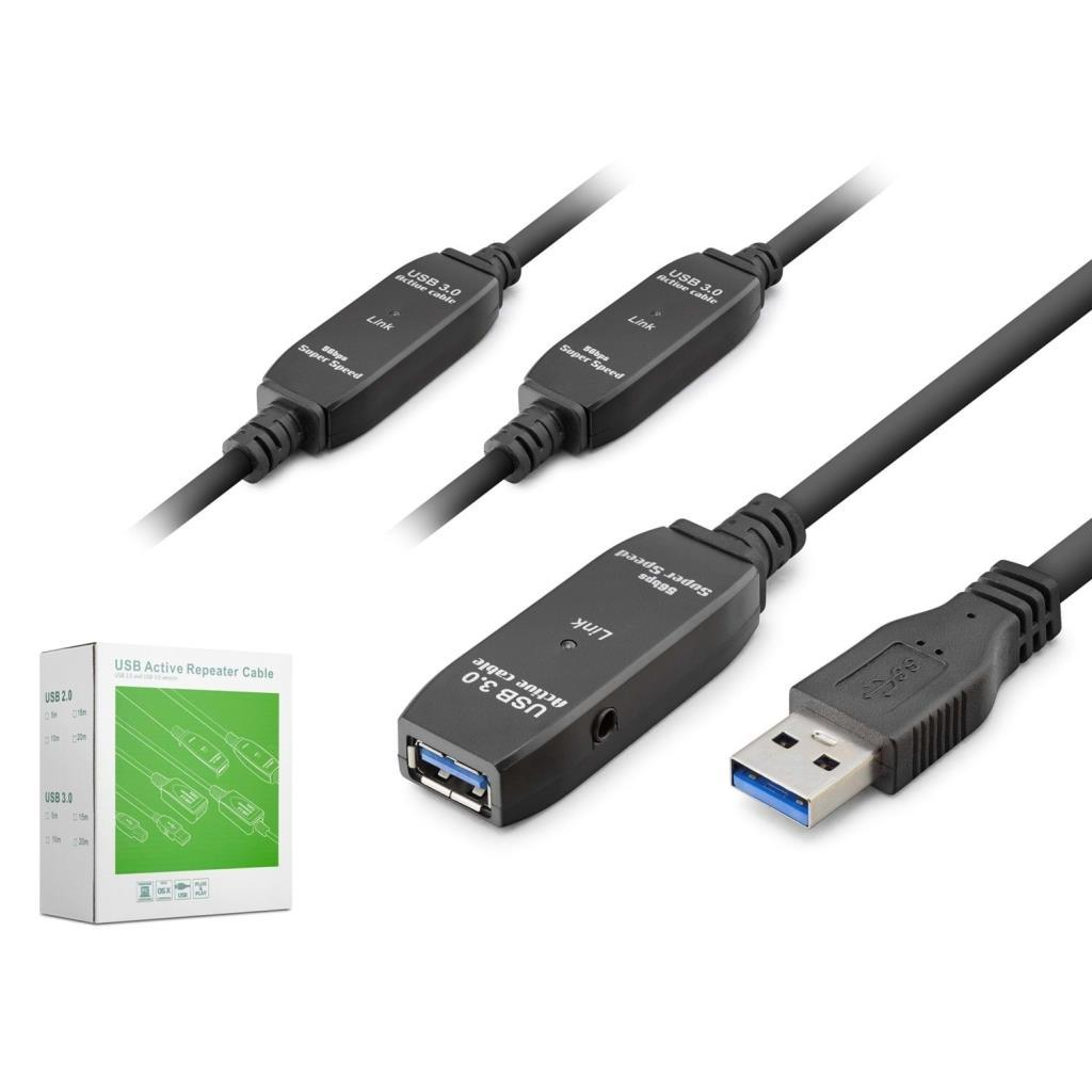 Mavi USB-A konektörlü üç siyah USB 3.0 aktif tekrarlayıcı kablosu.