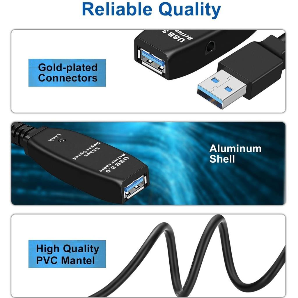 Resim USB kablo detaylarını gösterir: altın kaplama konektörler, alüminyum gövde, PVC ceket.