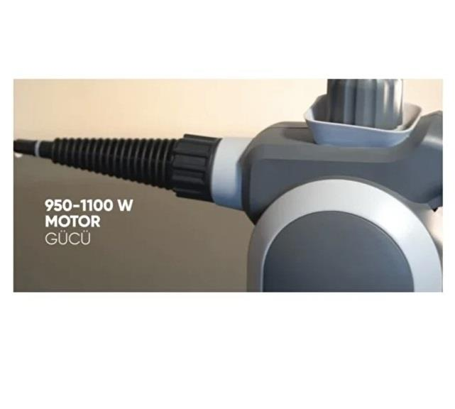 Siyah nozullu gri buharlı temizleyici ve metin: 950-1100 W MOTOR GÜCÜ.