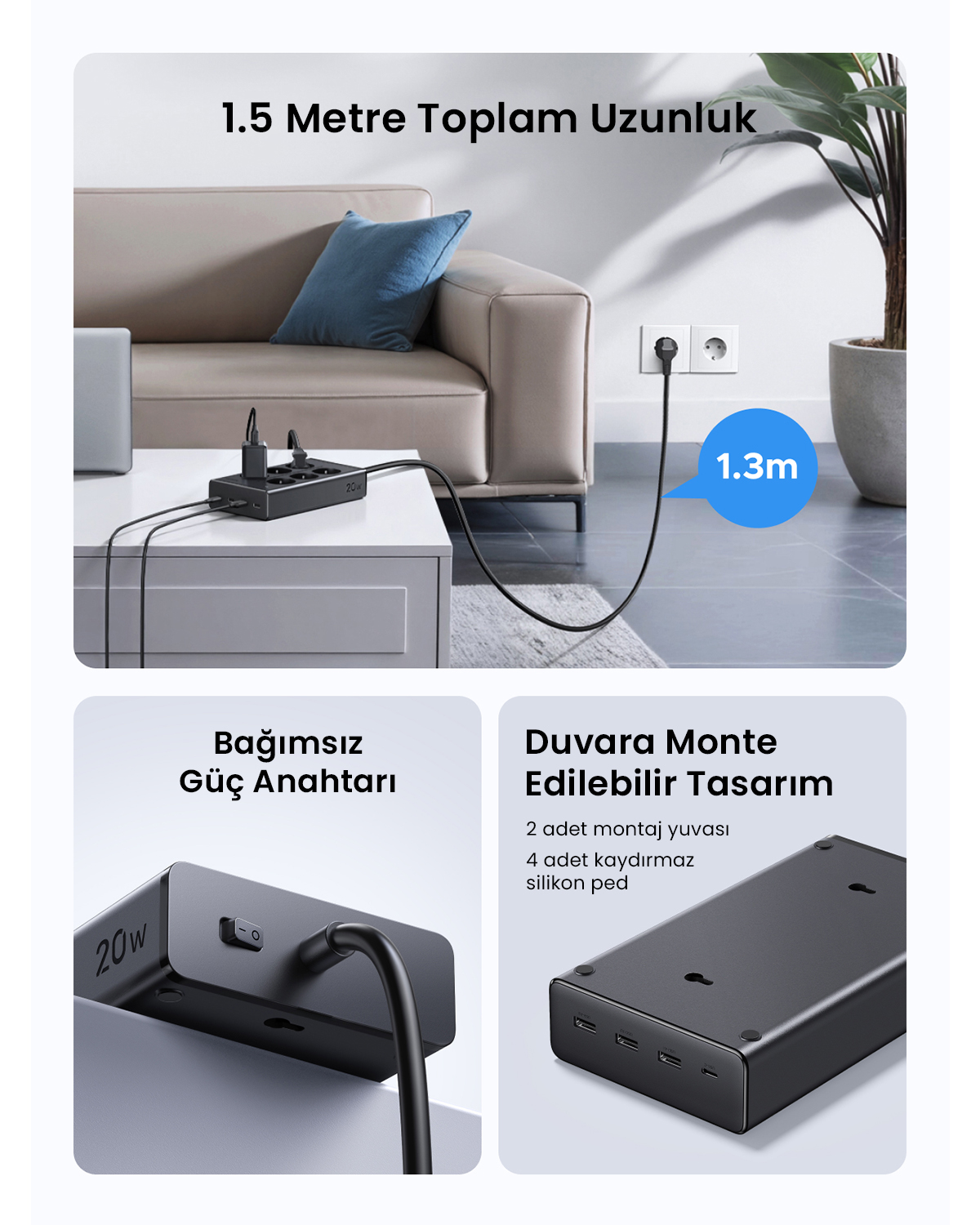 20W siyah prizmatik, 1,5m kablolu, duvara monte edilebilir, 2 montaj yuvası, 4 kaymaz ped.