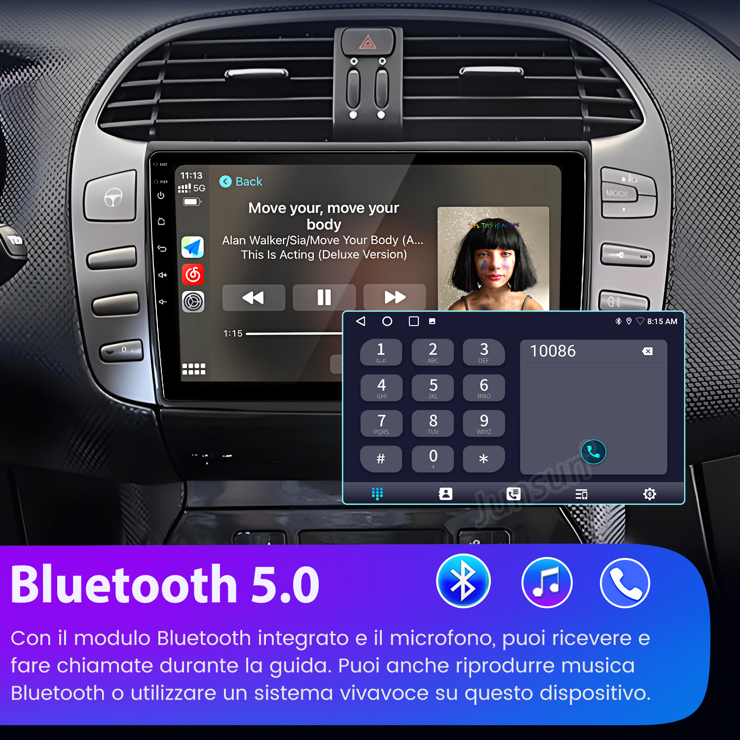 Schermo autoradio con app musicale, copertina e controlli.