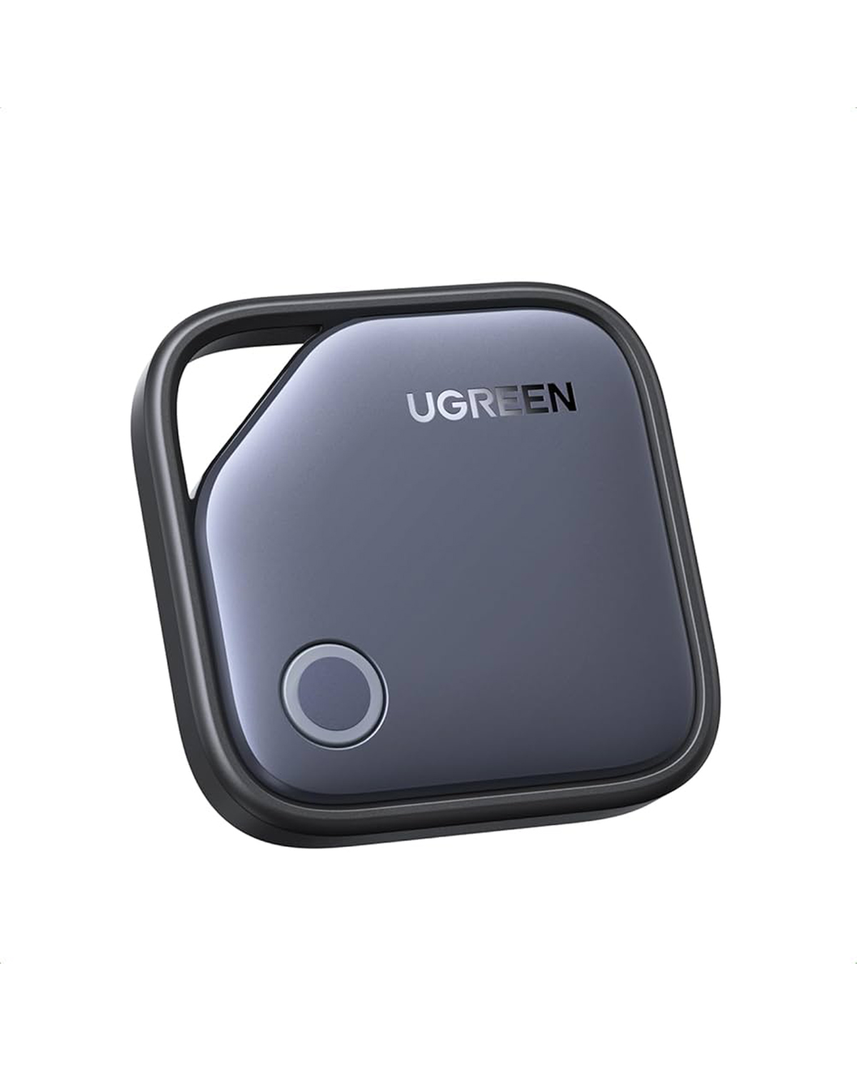 Dairesel düğmeli gri bir UGREEN takip cihazı.