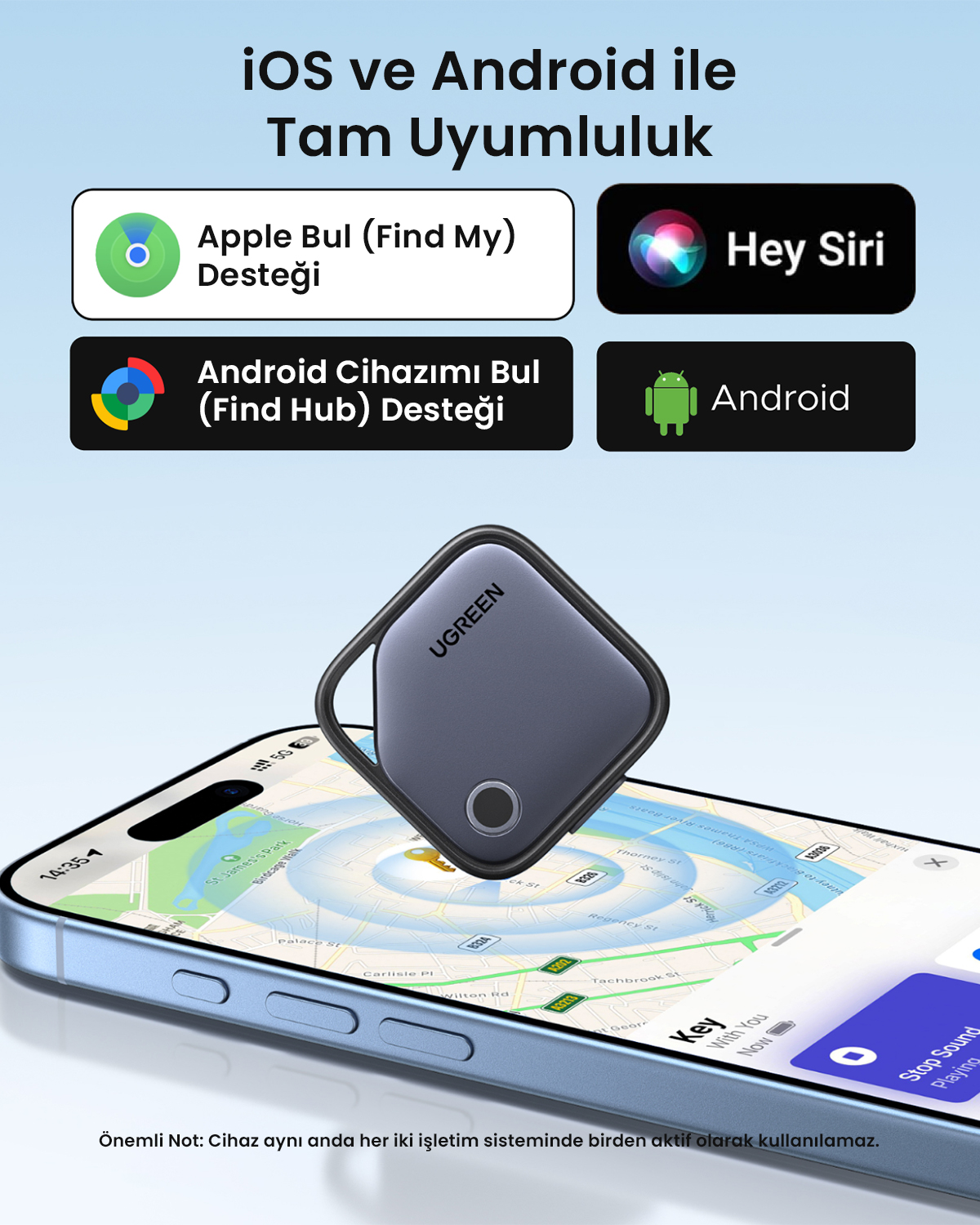 Gri bir UGREEN takip cihazı harita uygulaması gösteren bir iPhone'un üzerinde duruyor.