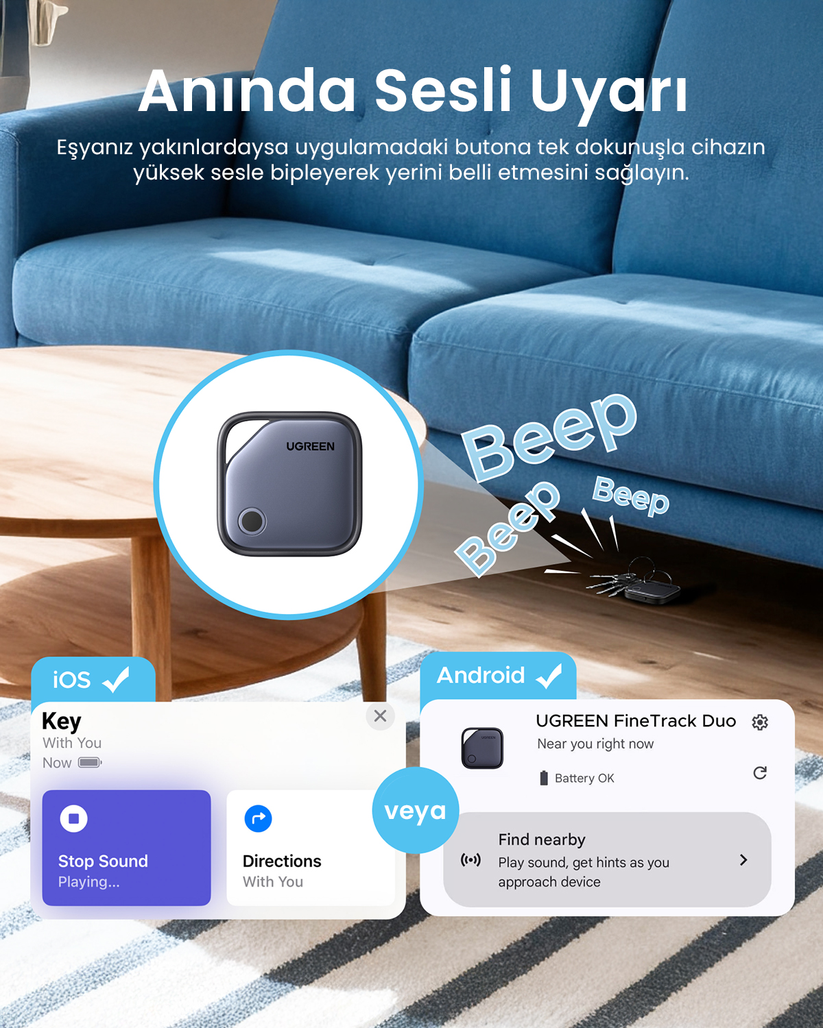 UGREEN takip cihazı koltukta, iOS/Android uygulama uyarıları, anahtarlar yerde.