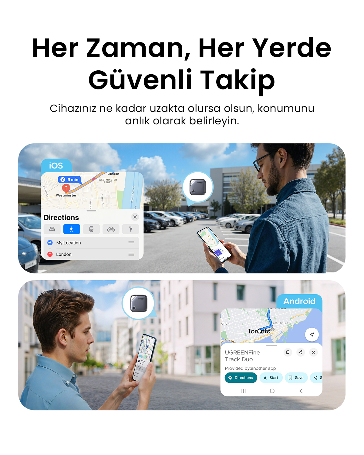 Adam haritalı telefona işaret ediyor; başka bir telefon konum verili uygulamayı gösteriyor.