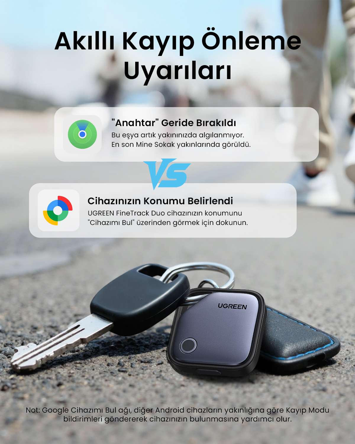 Bir anahtar ve gri UGREEN takip cihazı yerde yatıyor.