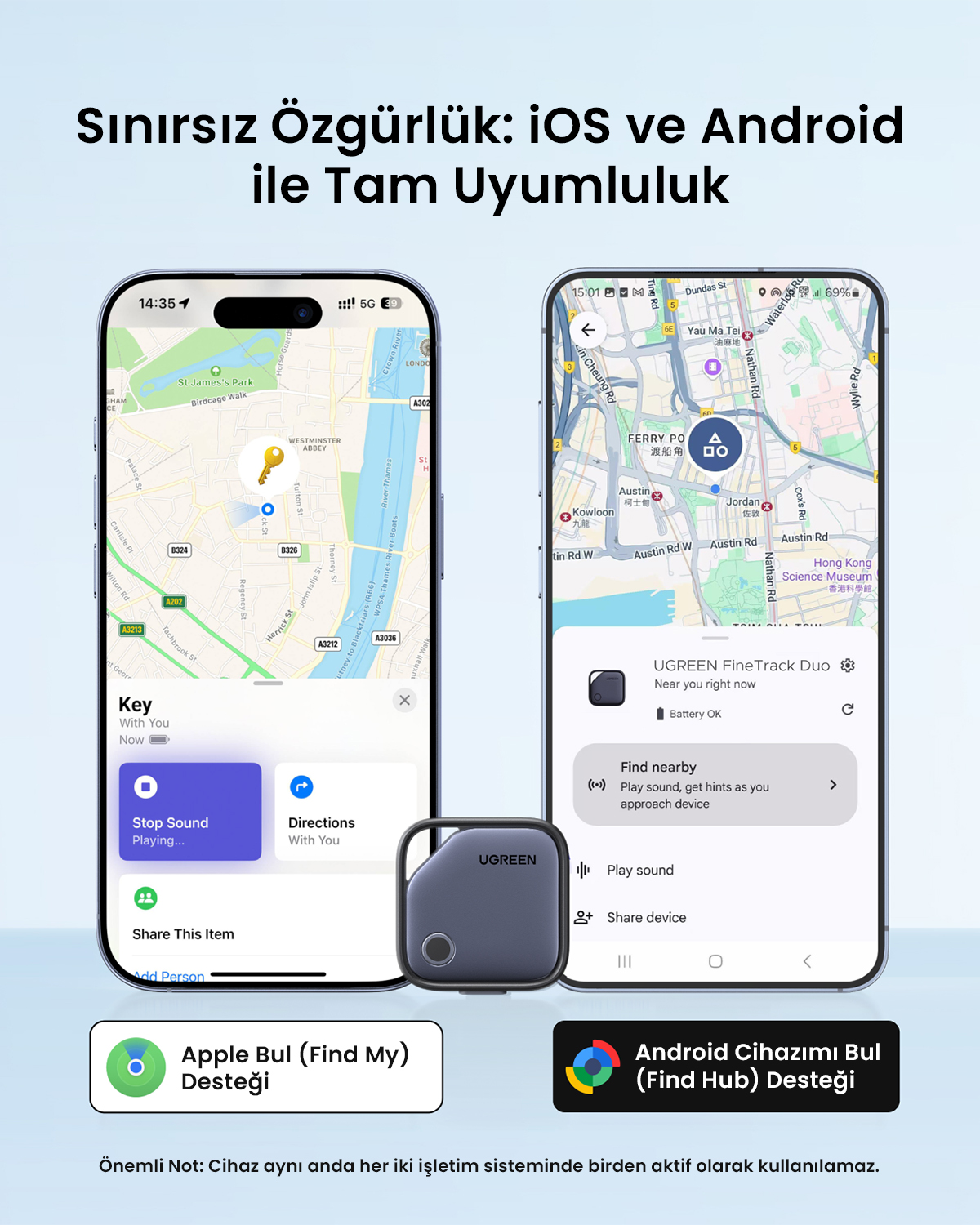 İki akıllı telefon harita uygulaması gösterir. Biri Londra, diğeri Hong Kong. Yanında gri bir takip cihazı var.