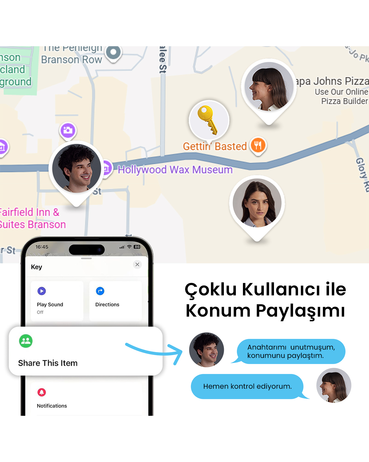 Telefon uygulaması konumları gösteren bir harita sunar. Bir kullanıcı konumunu paylaşıyor.
