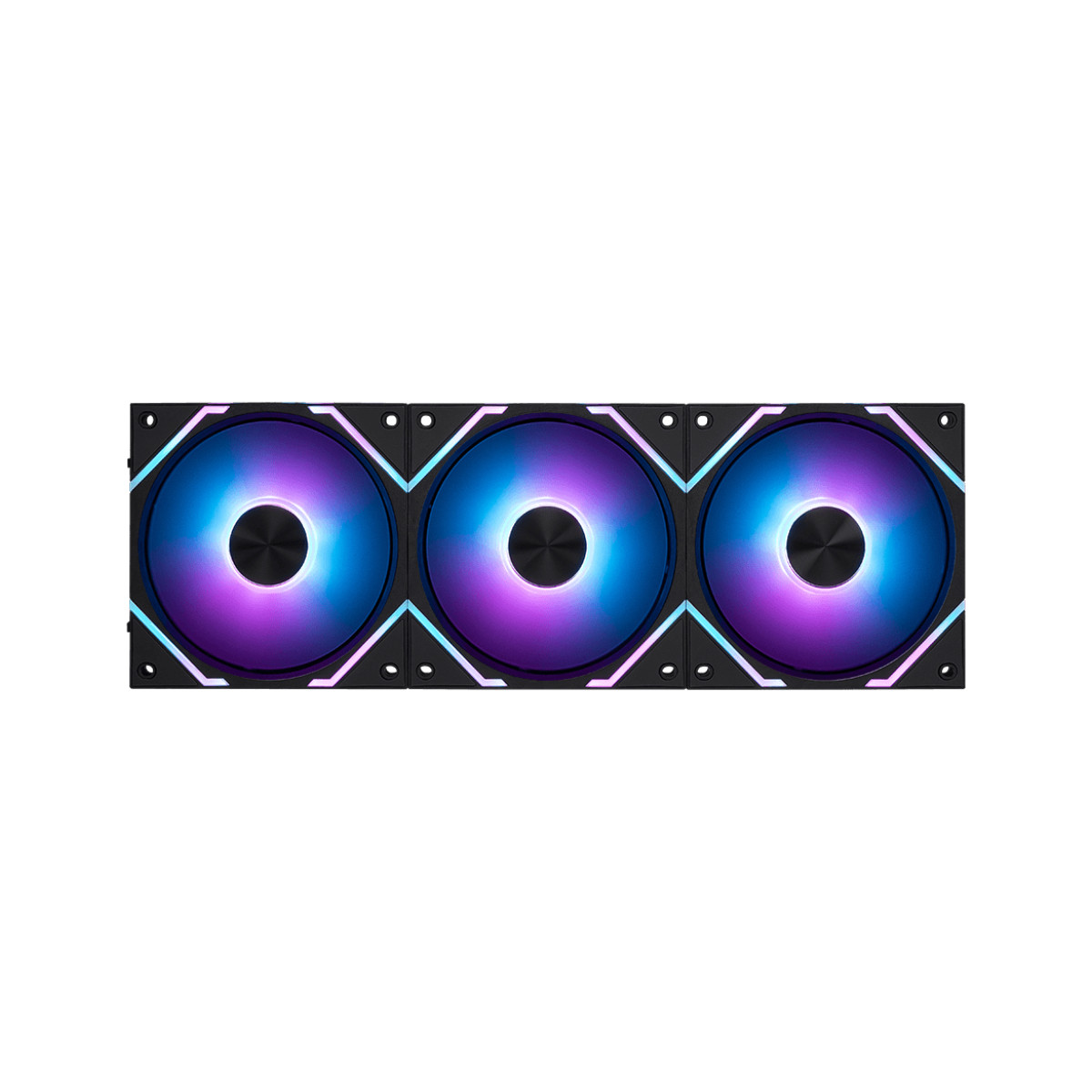 Yan yana monte edilmiş, mavi ve mor ışıklı üç RGB bilgisayar fanı.