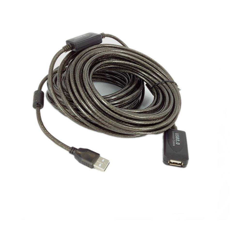 Erkek ve dişi konektörlü, sarılı siyah bir USB 2.0 uzatma kablosu.