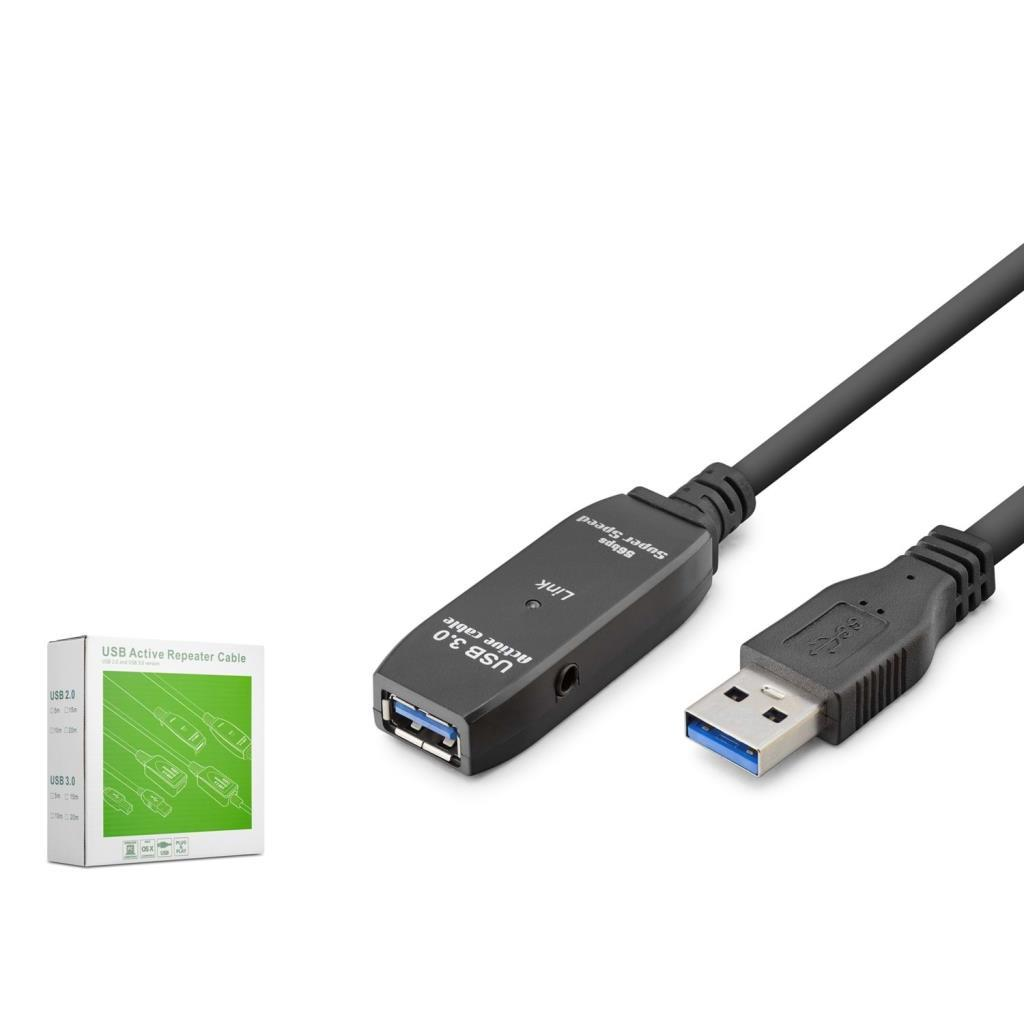 Bir fiş ve bir sokete sahip USB 3.0 aktif tekrarlayıcı kablosu.