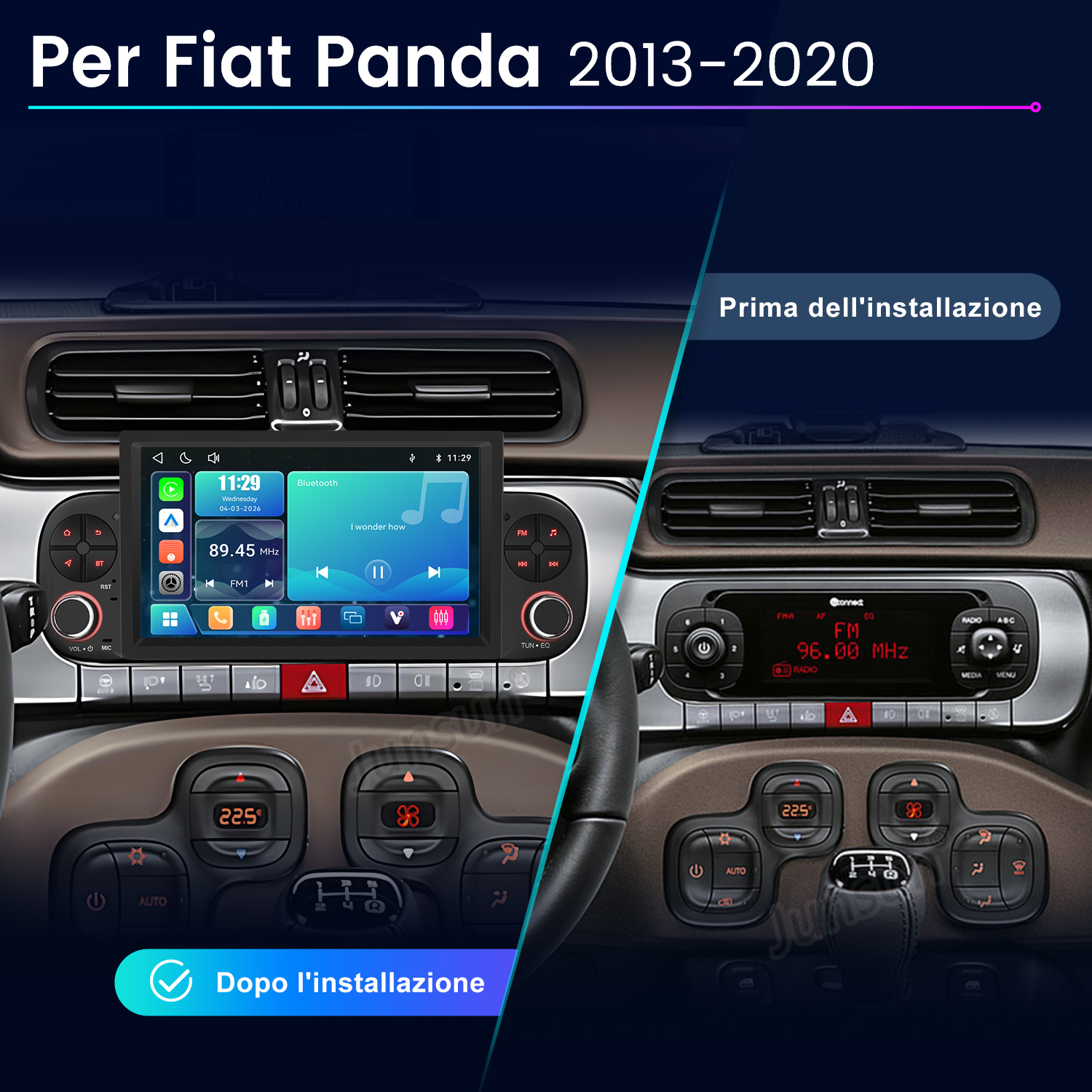 Cruscotto Fiat Panda prima e dopo installazione autoradio. Sinistra: nuovo schermo, destra: vecchio.